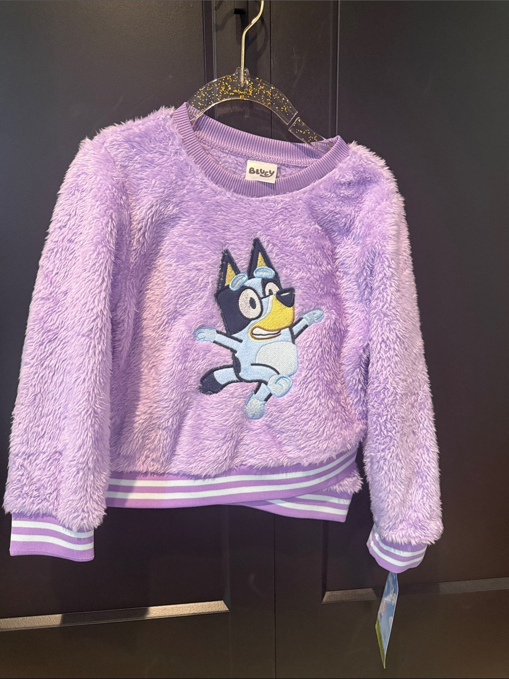 Kids Lavender Fuzzy Pullover Hoodie with Cartoon Embroidery